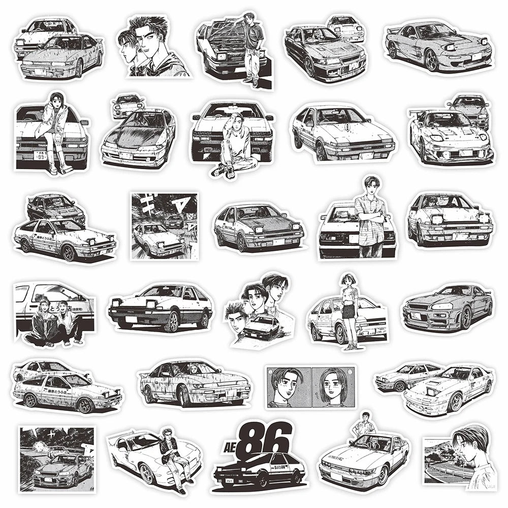 75Pcs Anime Initial D Graffiti Stickers Black White Decals DIY Skateboard Laptop Car Cool Waterproof Sticker Kids Classics Toys