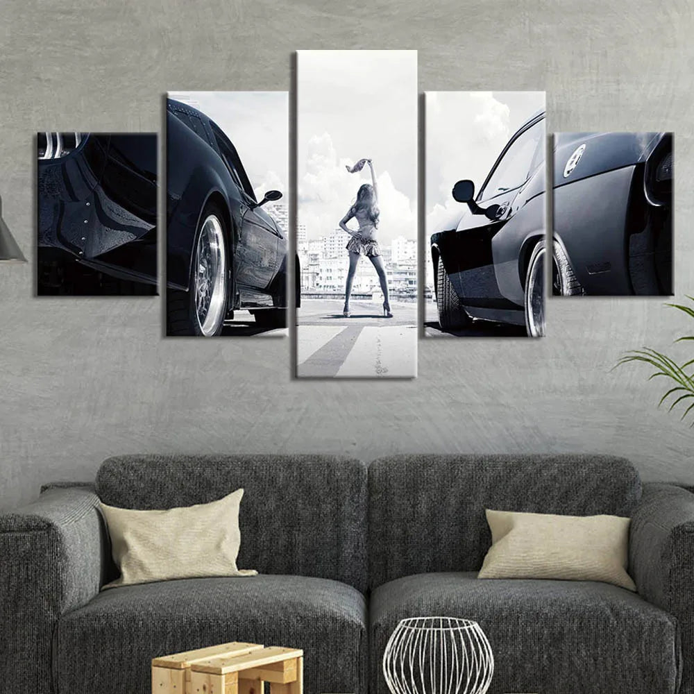 Unframe 5 Panel Fast and Furious Racing Cars Black and White Wall Art Posters Canvas Decoration Pictures Paintings Home Decor