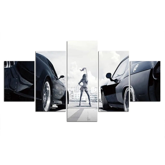 Unframe 5 Panel Fast and Furious Racing Cars Black and White Wall Art Posters Canvas Decoration Pictures Paintings Home Decor