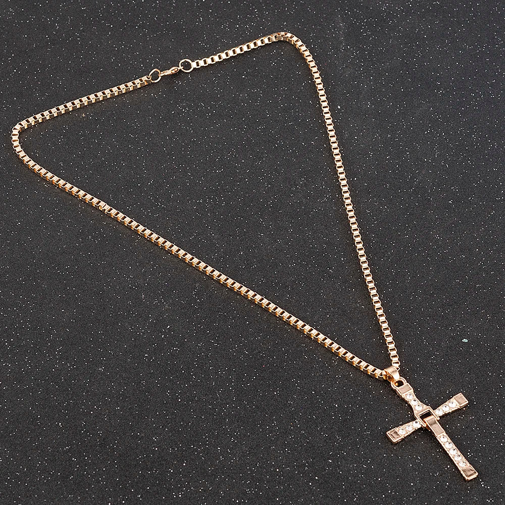 Fast and Furious Movies Actor Dominic Toretto Rhinestone Cross Crystal Pendant Chain Necklace Men Jewelry