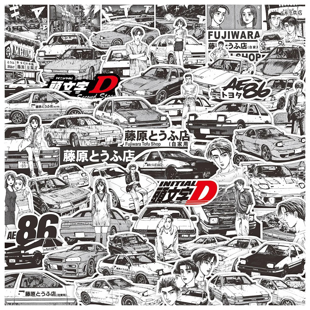 75Pcs Anime Initial D Graffiti Stickers Black White Decals DIY Skateboard Laptop Car Cool Waterproof Sticker Kids Classics Toys