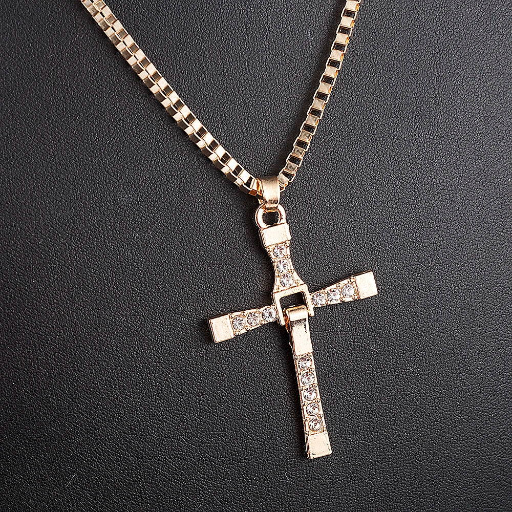 Fast and Furious Movies Actor Dominic Toretto Rhinestone Cross Crystal Pendant Chain Necklace Men Jewelry