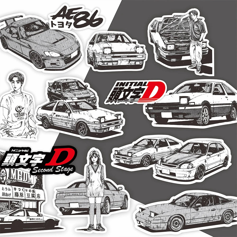 75Pcs Anime Initial D Graffiti Stickers Black White Decals DIY Skateboard Laptop Car Cool Waterproof Sticker Kids Classics Toys