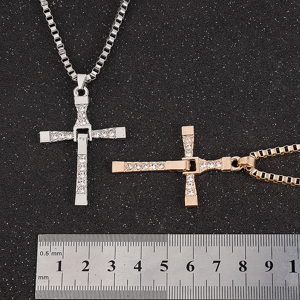Fast and Furious Movies Actor Dominic Toretto Rhinestone Cross Crystal Pendant Chain Necklace Men Jewelry