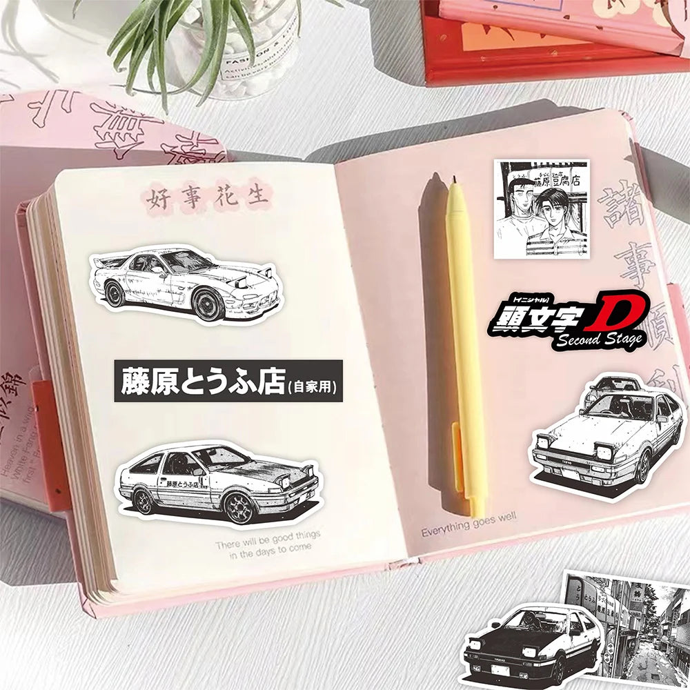 75Pcs Anime Initial D Graffiti Stickers Black White Decals DIY Skateboard Laptop Car Cool Waterproof Sticker Kids Classics Toys