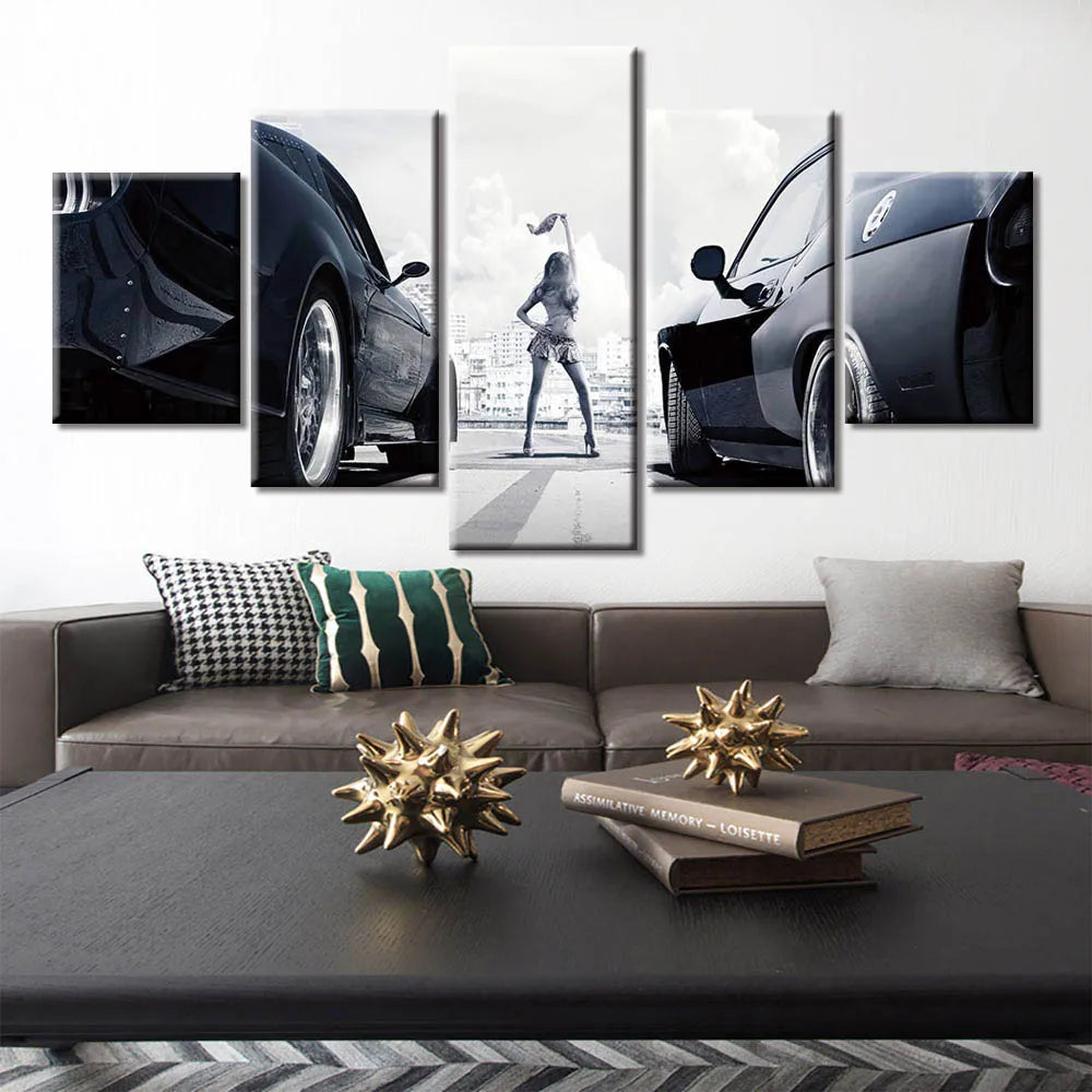 Unframe 5 Panel Fast and Furious Racing Cars Black and White Wall Art Posters Canvas Decoration Pictures Paintings Home Decor