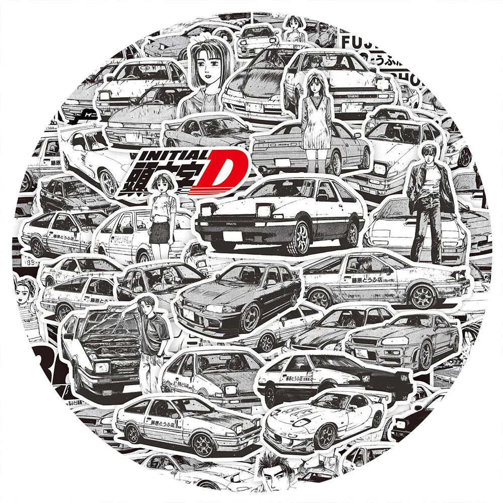 75Pcs Anime Initial D Graffiti Stickers Black White Decals DIY Skateboard Laptop Car Cool Waterproof Sticker Kids Classics Toys