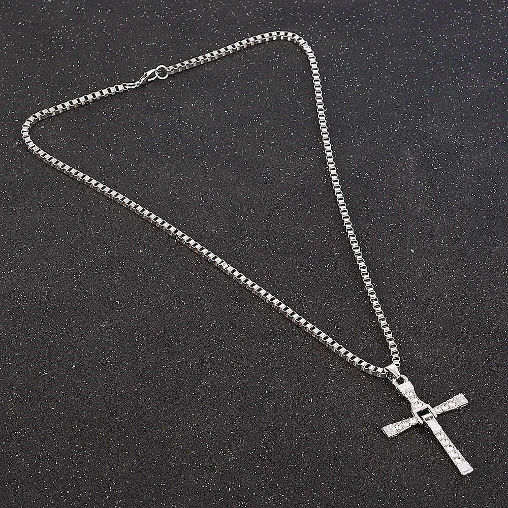 Fast and Furious Movies Actor Dominic Toretto Rhinestone Cross Crystal Pendant Chain Necklace Men Jewelry